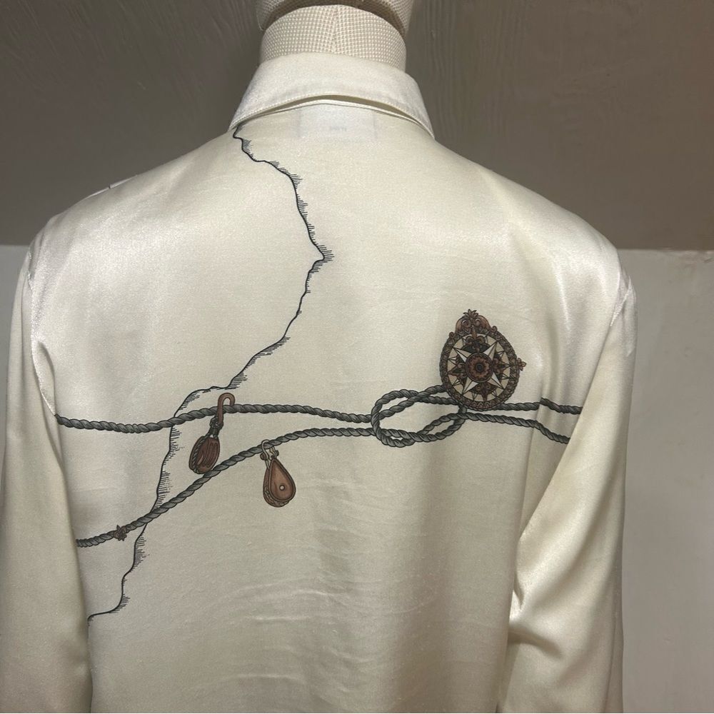 Horst Basler Vintage Shoulder Pads White Satin Blouse Chain Globe print - Picture 12 of 13